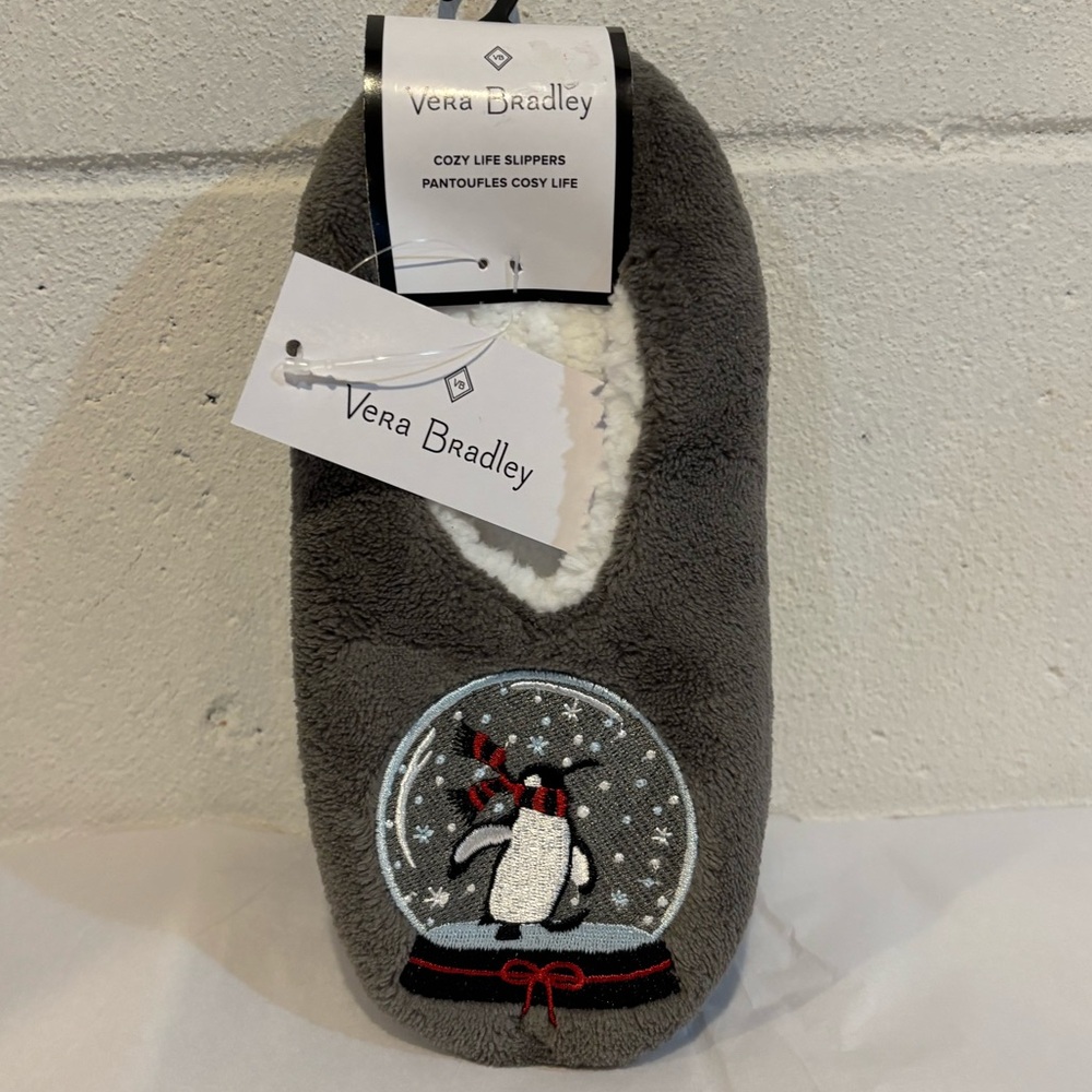 Vera Bradley Cozy Life Slippers Holiday Christmas Gray embroidered penguin soft